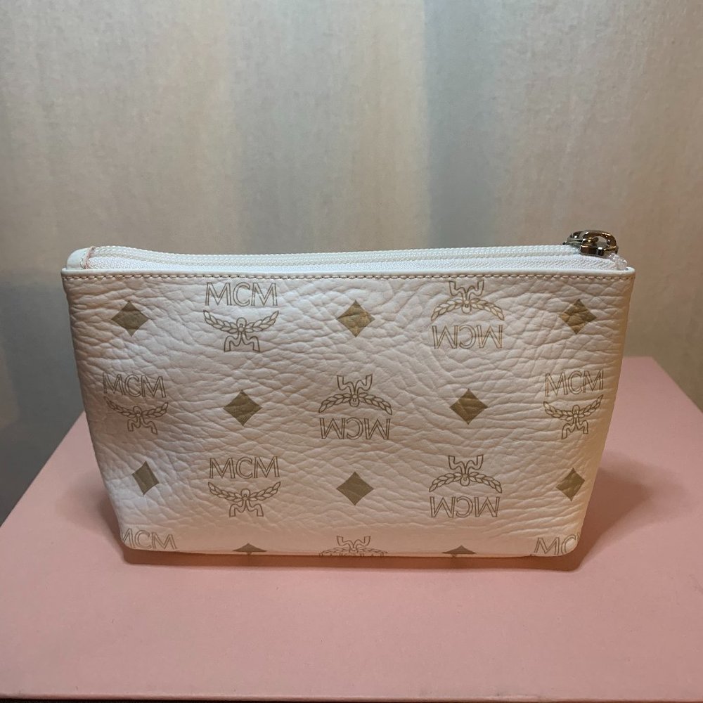 MCM White and Gold Leather Logo Cosmetic Pouch Bag